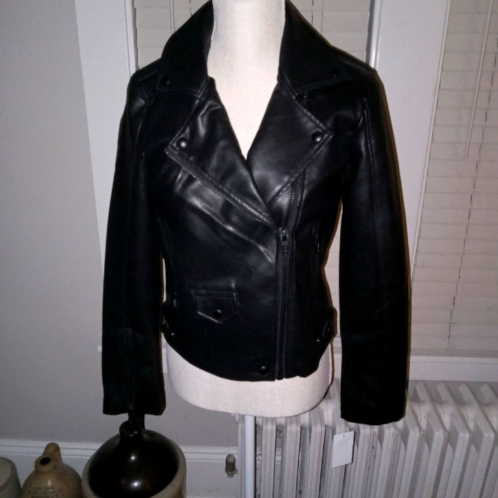 NWT BLANK NYC Black Faux Leather Motto Jacket Metal Hardware Size XS